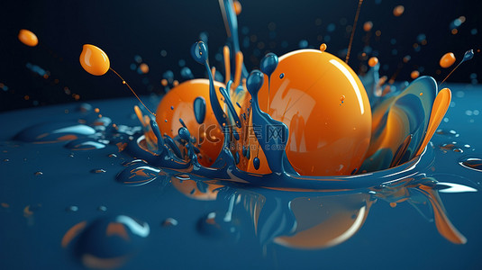 蓝色科科技背景背景图片_动态 3D 蓝色背景与飞行抽象渲染中的橙色流体液滴