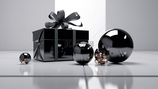 黑色星期五横幅的 3D 渲染插图，配有玻璃球和礼品盒