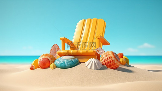 孩子的拥抱背景图片_用充气沙滩玩具贝壳人字拖和带有复制空间的沙滩椅 3D 插图拥抱夏日氛围