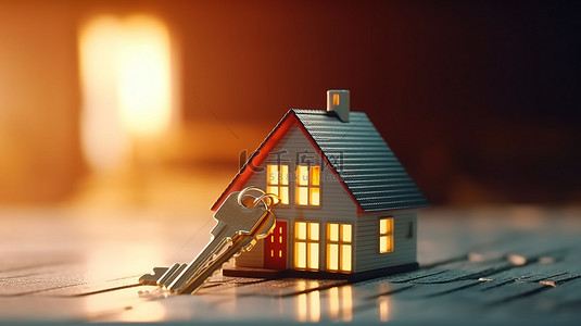 房地产投资背景图片_房屋形状钥匙和代表房地产投资和房地产抵押概念的模型房屋的 3D 渲染