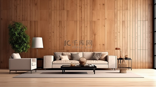 模板家具背景图片_3D 渲染客厅，配有木墙和地板背景，用于室内设计模板