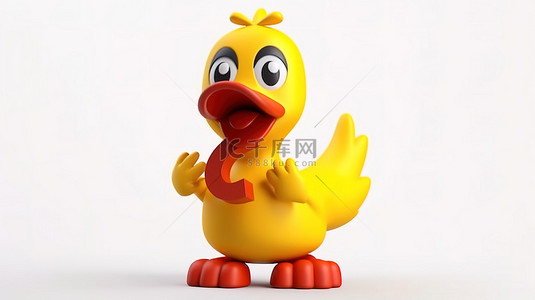 思考的动物背景图片_白色背景的 3D 渲染，带有可爱的黄色卡通鸭子吉祥物和红色问号符号