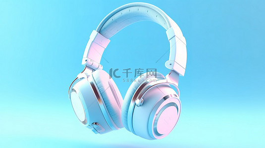 耳机在美丽的柔和蓝色背景下的 3D 渲染