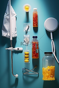 药柜里的听诊器，旁边是药丸和注射器