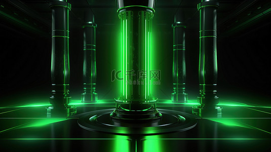 未来派抽象背景，具有闪亮的黑色柱子和 3D 发光绿灯