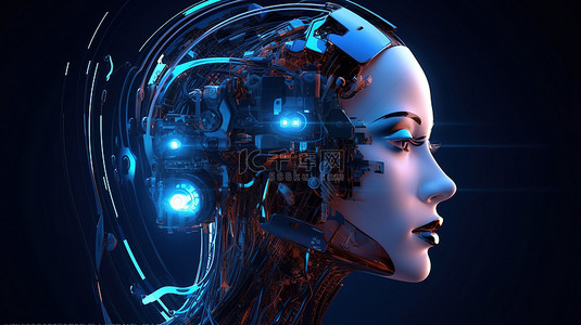 使用全息技术对机器人数字脸部进行未来派 3D 渲染
