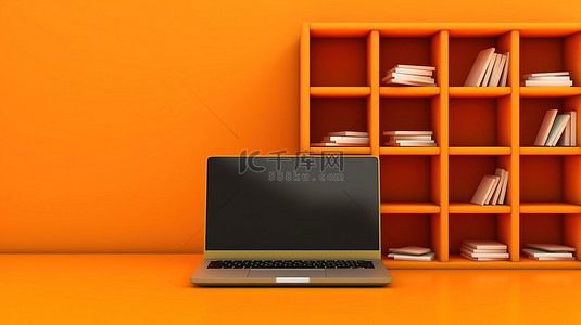 放置在方形橙色架子背景上的笔记本电脑的 3D 插图