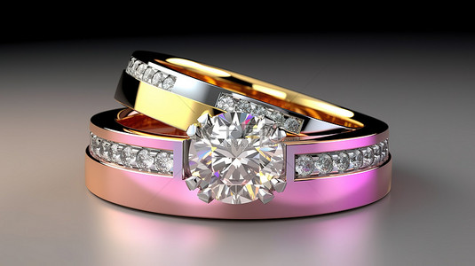 一套华丽的黄色白色和玫瑰金订婚戒指和结婚戒指的 3D 渲染
