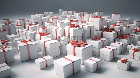 3D 渲染中各种尺寸的带红丝带的白色礼品盒