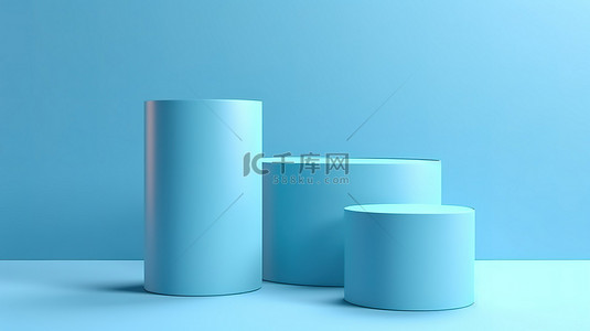 浅蓝色背景，带有两个空圆柱台，用于产品展示的 3D 渲染