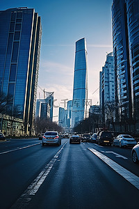 旅游交通背景图片_高楼前交通繁忙的街道