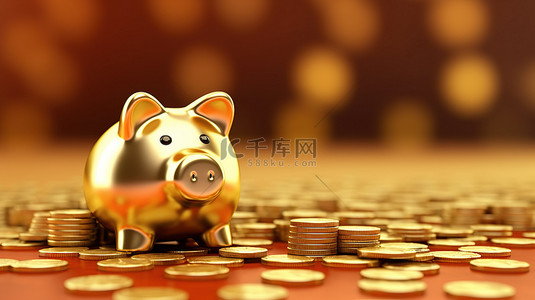 退休爱党背景图片_闪亮的存钱罐和金色背景上一堆闪闪发光的硬币是 3D 退休储蓄的例证