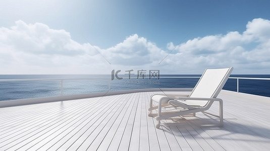 宁静的户外休息室露台的 3D 插图渲染，可欣赏海洋和游轮景观