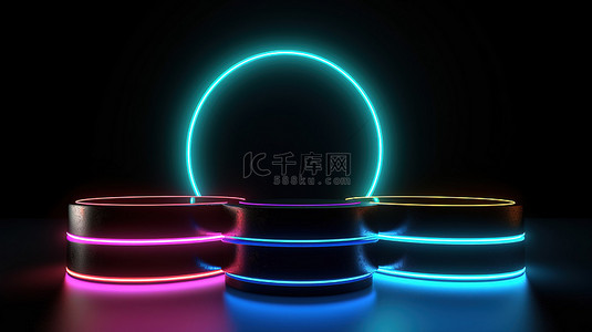 3d 渲染中闪闪发光的霓虹灯讲台非常适合在抽象技术背景下展示产品