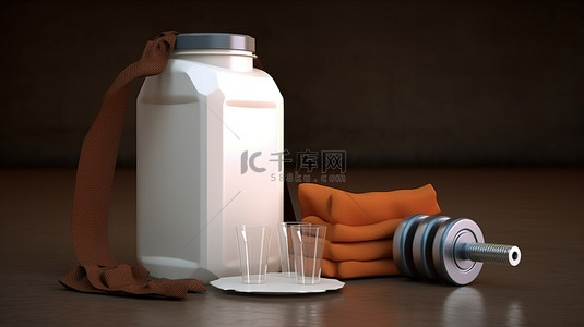 舞蹈背景图片_营养和健身必需品哑铃食品袋和杯子的 3D 渲染