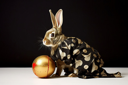 一只兔子拿着一个黑球和一个金球