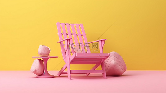 在黄色背景下以 3d 渲染的粉红色沙滩椅和人字拖的后视图