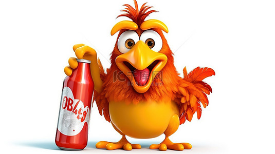 阿胶炖母鸡背景图片_有趣的 3d 母鸡与招牌和清爽的苏打水瓶