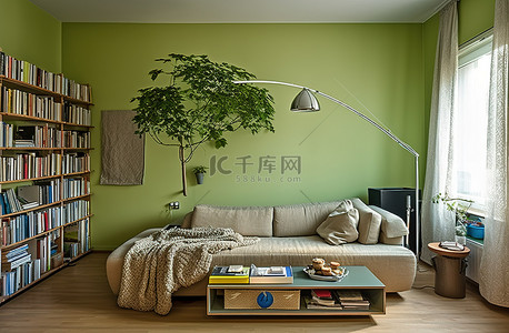 一棵大树绿色大树背景图片_客厅有绿色的墙壁一些书和一棵大树