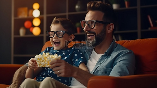 坐在沙发的爸爸背景图片_快乐的爸爸和儿子在家享受 3D 电影之夜和爆米花