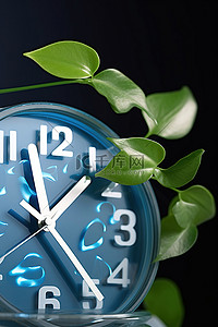 一个看起来很笨拙的时钟，上面有蓝色的数字和正在生长的绿叶