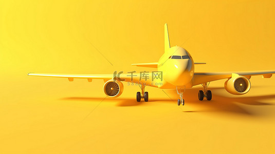 带有复制空间的黄色背景简约 3D 渲染飞机