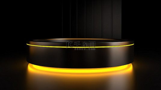 黄色展背景图片_产品展示黑色讲台，在 3D 渲染中带有充满活力的黄色霓虹灯