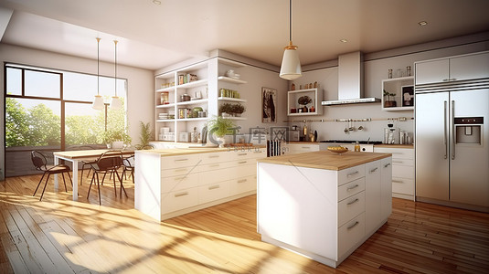 时尚的白色现代厨房，配有岛台和 3D 渲染中呈现的最先进的设备