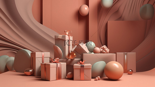 红包墙大派送背景图片_3D 渲染中礼物和袋子的节日抽象
