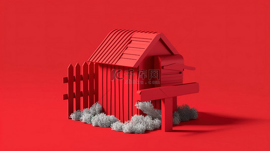 花园围栏的红色单色 3D 图标，带有红色背景的邮箱