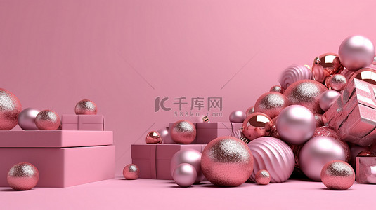 粉红色工作室背景下的节日礼物和装饰品非常适合使用 3D 图形生成的节日问候
