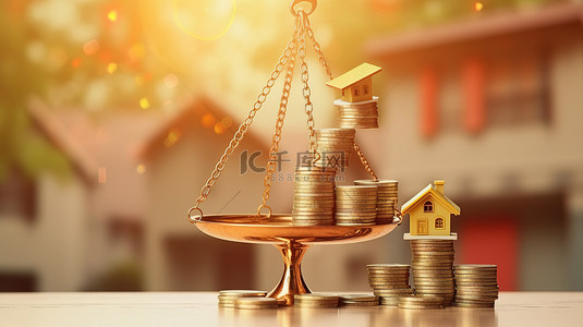 房地产投资背景图片_实现房地产投资规模平衡家庭和金钱硬币 3D 插图