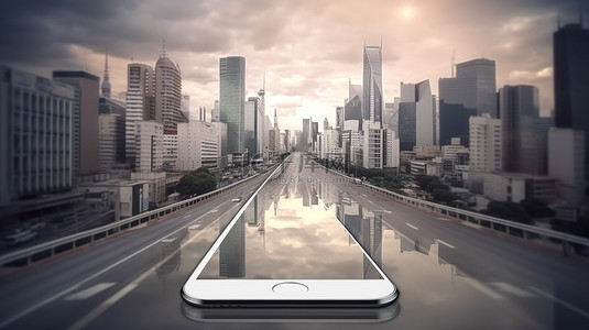 科技科技海报背景图片_城市景观从智能手机 3D 渲染中呈现出一条带有建筑物和塔楼的真实道路