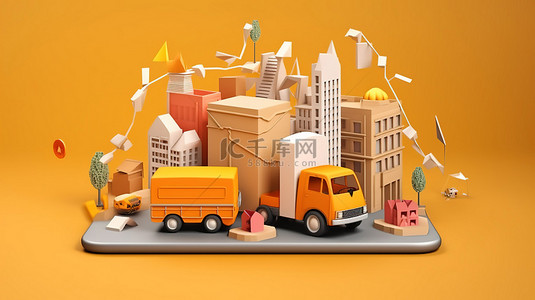 外卖纸盒子背景图片_3D 渲染的纸艺展示了革命性的交付应用程序概念