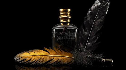 羽毛笔背景图片_具有透明背景的羽毛和墨水瓶的 3d 渲染