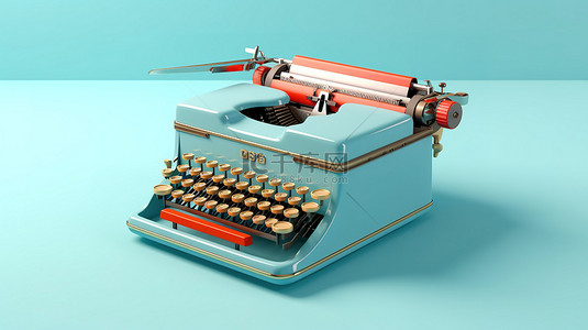 3D 渲染的蓝色背景上具有复古氛围的经典打字机