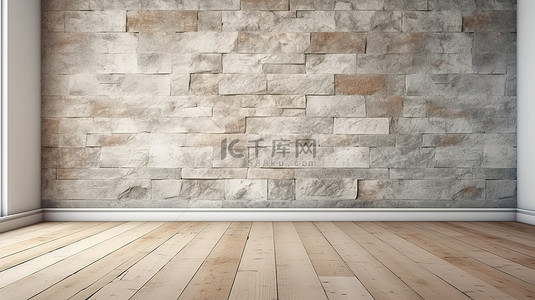 空房间中木板木地板和白色垃圾石墙的强烈特写 3D 渲染