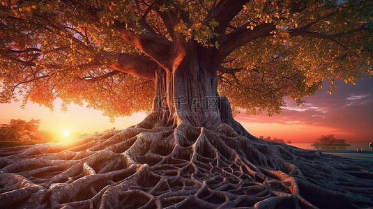 绿色藤蔓花背景图片_数百年历史的仙树，雄伟的树干，在日落时根部缠绕 3D 插图