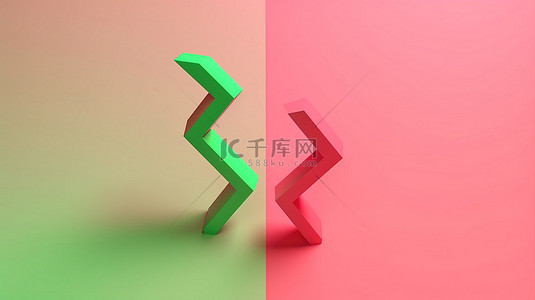 在粉红色背景下向上和向下指向的绿色和红色 3d 箭头