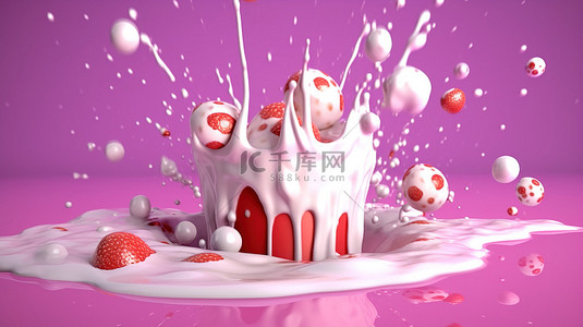 草莓牛奶中的涟漪作为粉红色滴飞溅的 3D 渲染