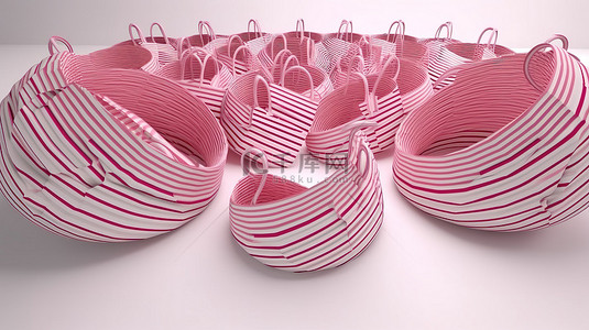 白色背景 3d 渲染图像上呈圆形排列的粉红色条纹购物袋