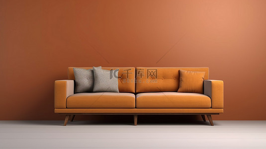 棕色桌子背景图片_简约客厅内的当代棕色沙发，配有 3D 渲染的木地板