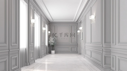 酒店房间门口背景图片_古典风格大厅走廊的优雅 3D 渲染，配有灰色墙壁和白色木镶板