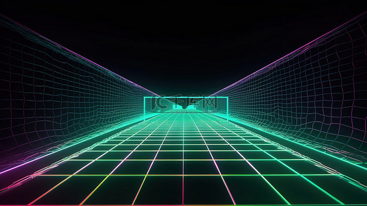 在 3D 渲染的虚拟运动场中带网的霓虹灯网球场的透视图