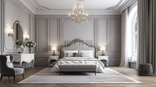 装饰有大理石装饰的卧室的经典奢华 3D 渲染的现代风格