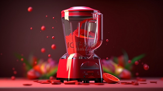 带有充满活力的红色果汁的搅拌机的 3D 插图