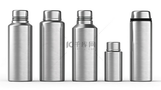 不锈钢不锈钢背景图片_在白色背景上呈现的不锈钢烧瓶的逼真 3D 插图集