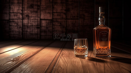 质朴木桌上的科涅克白兰地瓶和冰填充玻璃 3D 渲染