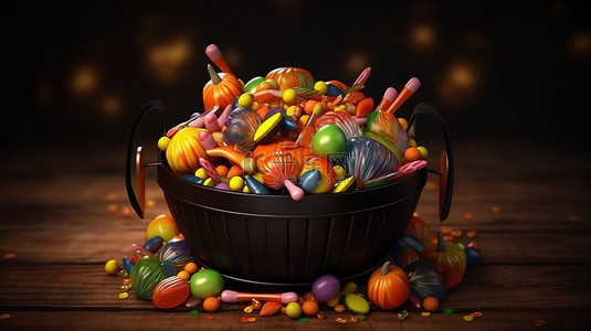 匪萌十月壁纸背景图片_节日十月女巫的酿酒篮里装满了五颜六色的糖果和糖果万圣节 3d 渲染