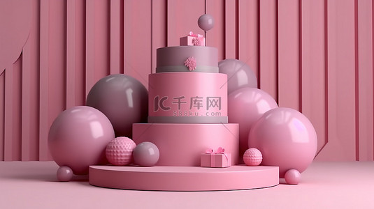 充满活力的粉红色舞台 3D 渲染的讲台装饰着圆形礼品盒和气球